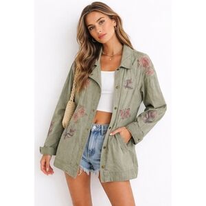 Standard Grace Snap Front Shirt Utility Jacket S Army Green Floral Embroidered